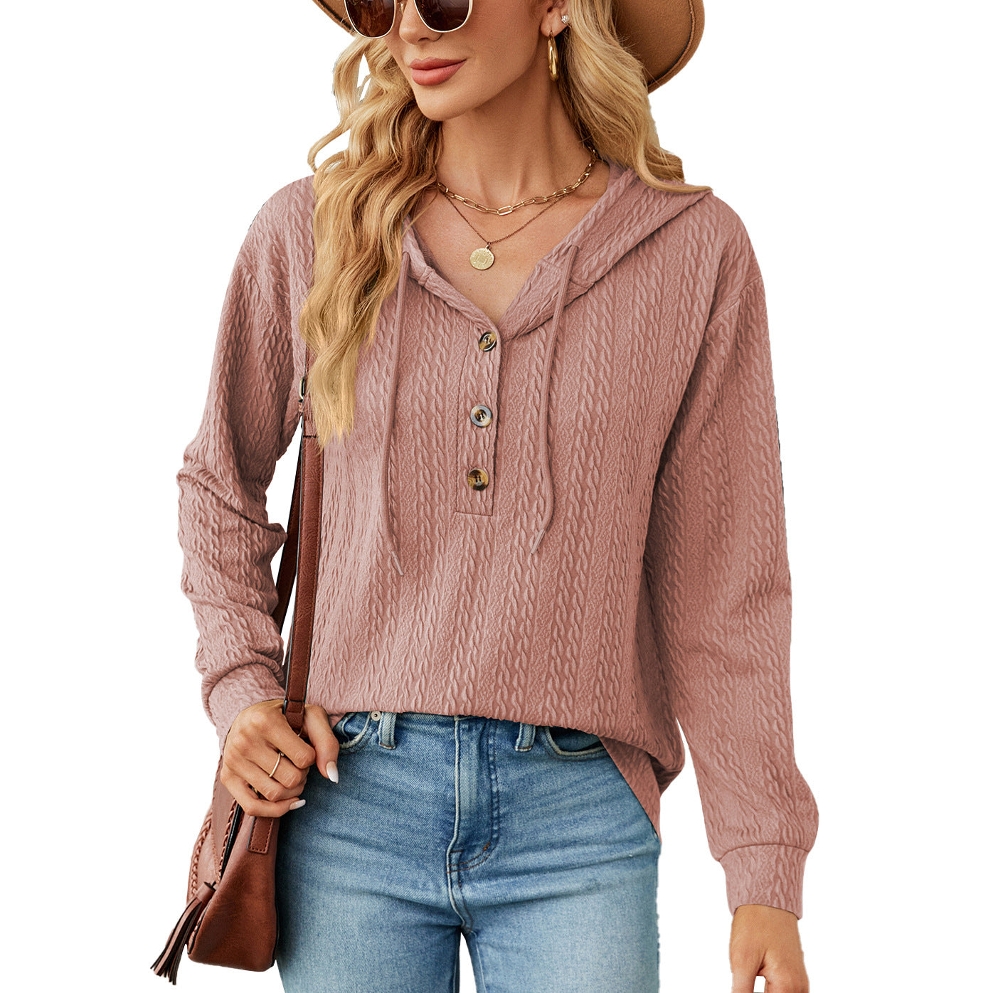 Women's Oversized Hooded Button V-Neck Long Sleeve Sweater