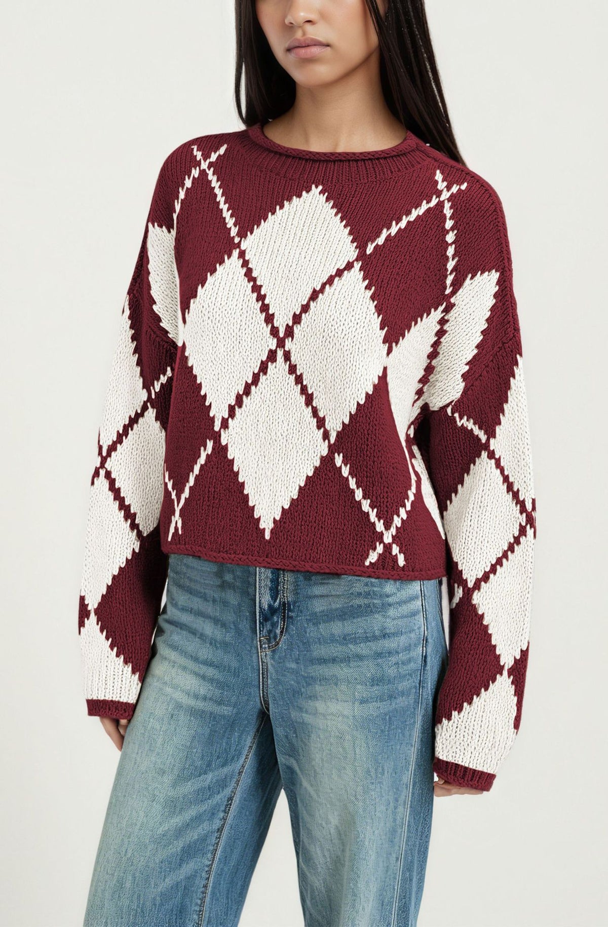 Women's Oversized Argyle Crewneck Sweater