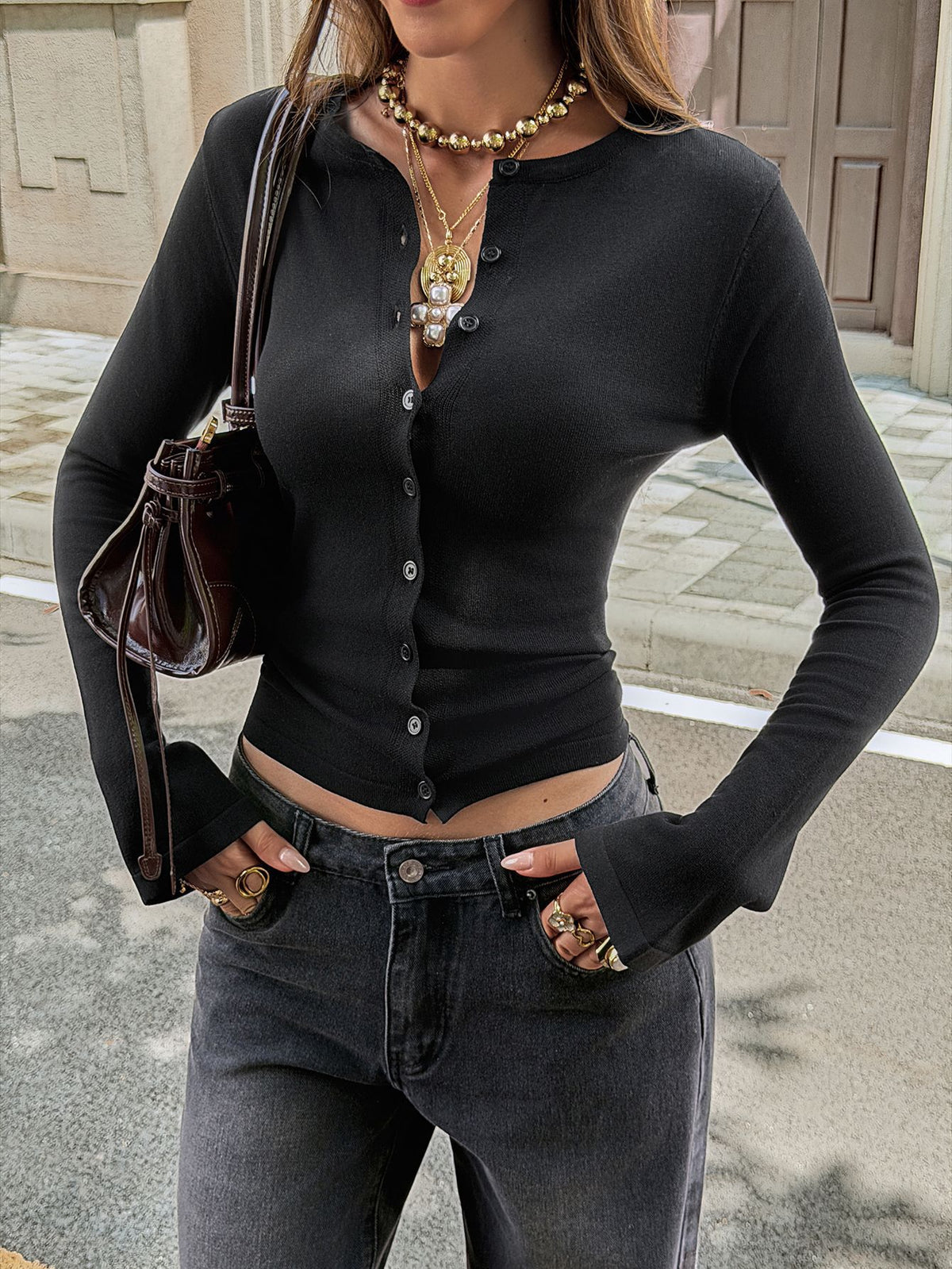 Women's Cropped Button Front Knit Cardigan Long Sleeve