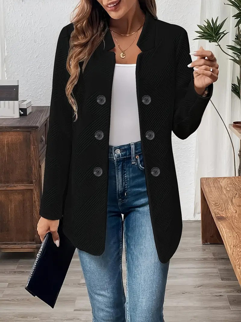 Womens Textured Double Breasted Blazer Stand Collar