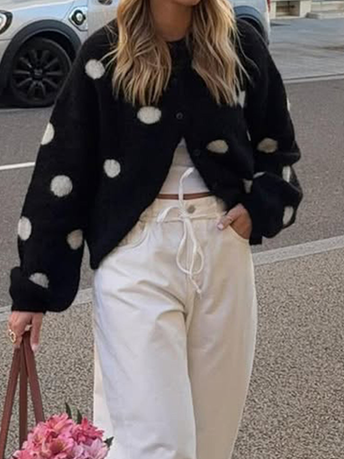 Women's Fuzzy Polka Dot Oversized Button Front Cardigan