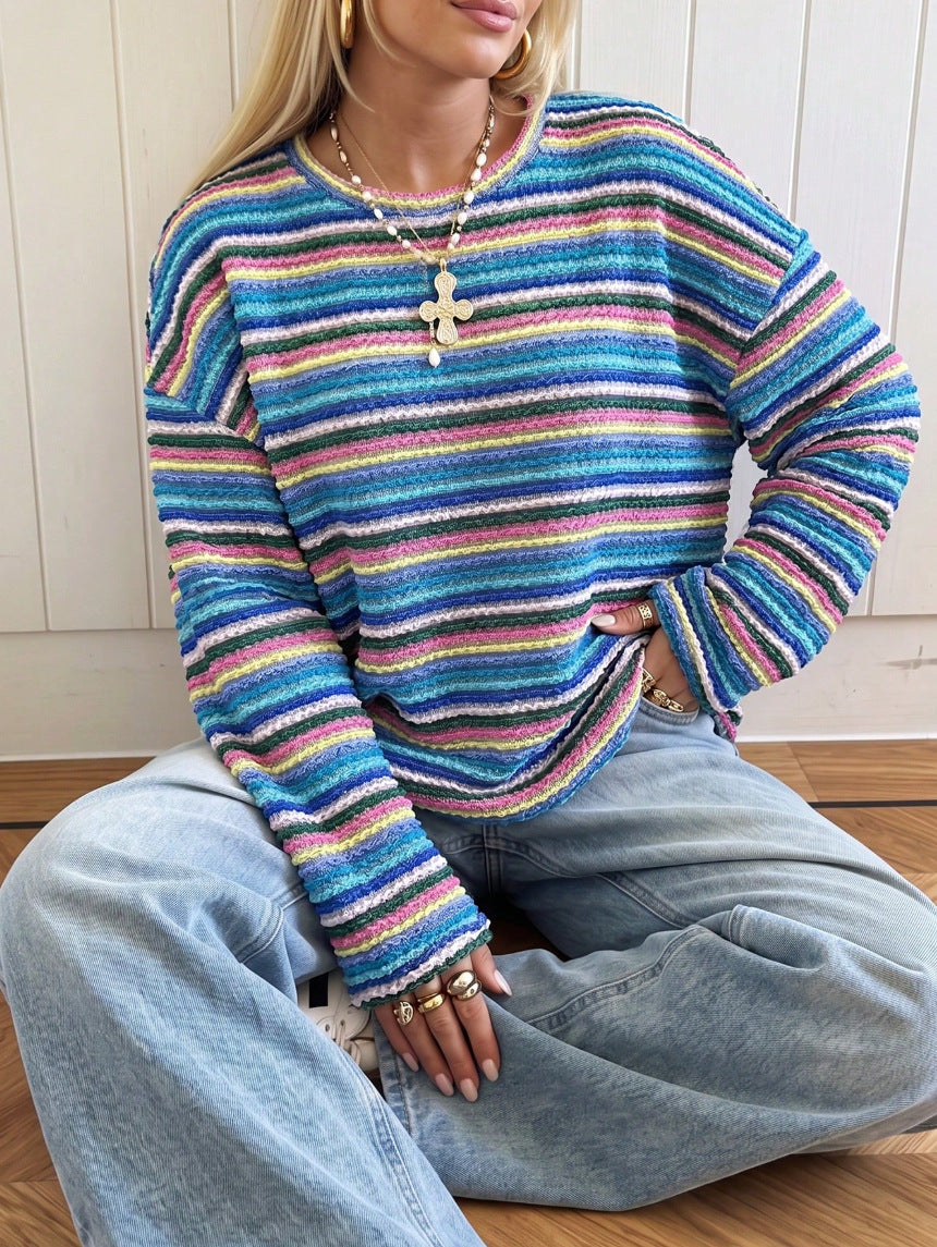 Women's Colorful Striped Knit Sweater Long Sleeve Casual