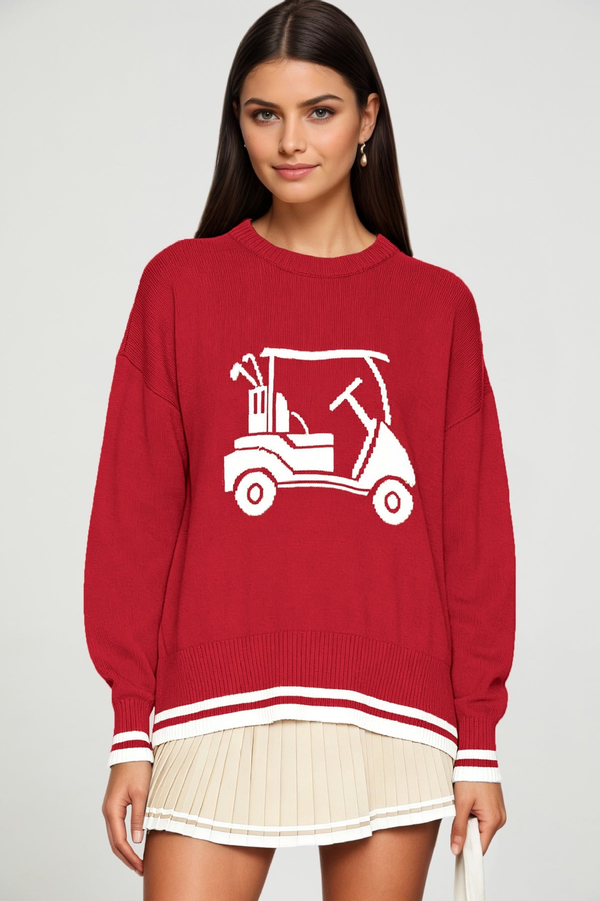 Women's Golf Cart Striped Crewneck Knit Sweater