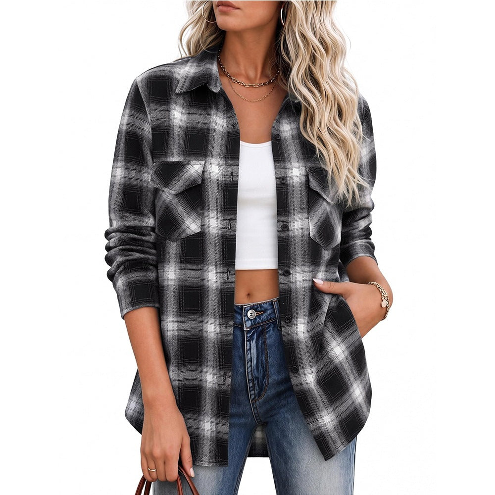 Plaid Button Down Pocket Shirt Casual Oversized Top