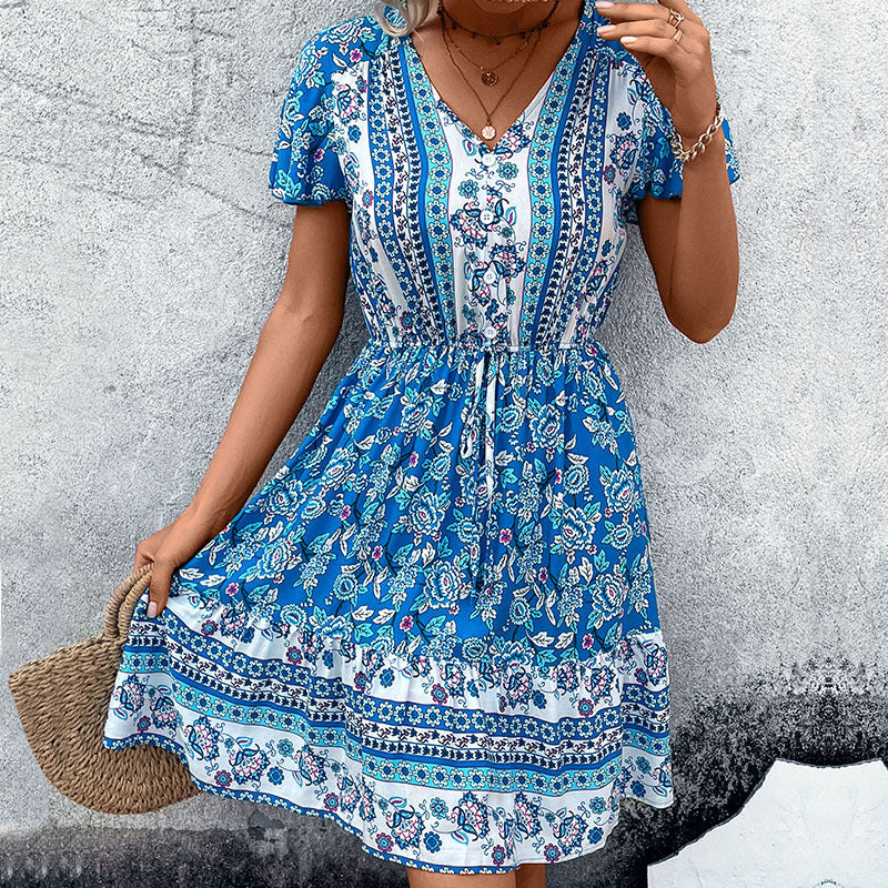 V-neck ethnic style floral dress