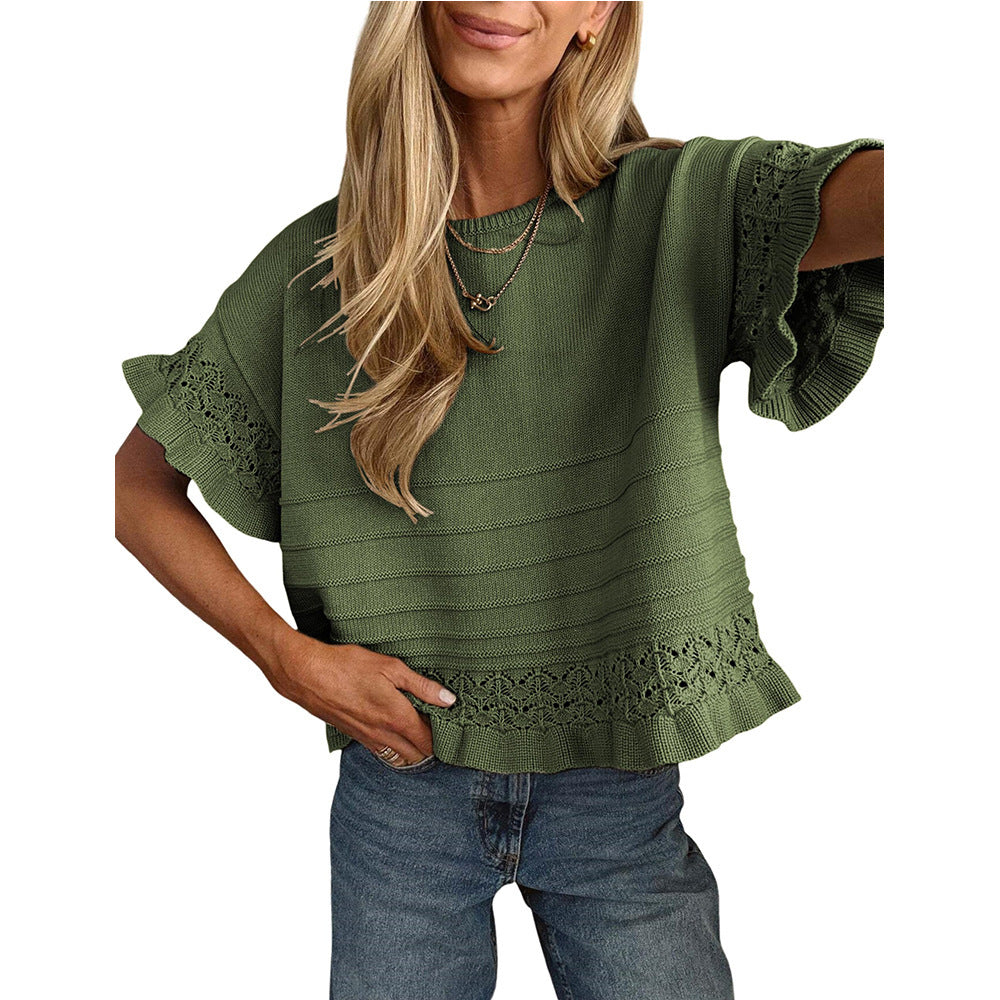 Solid Knit Top Casual Eyelet Ruffle Sleeve