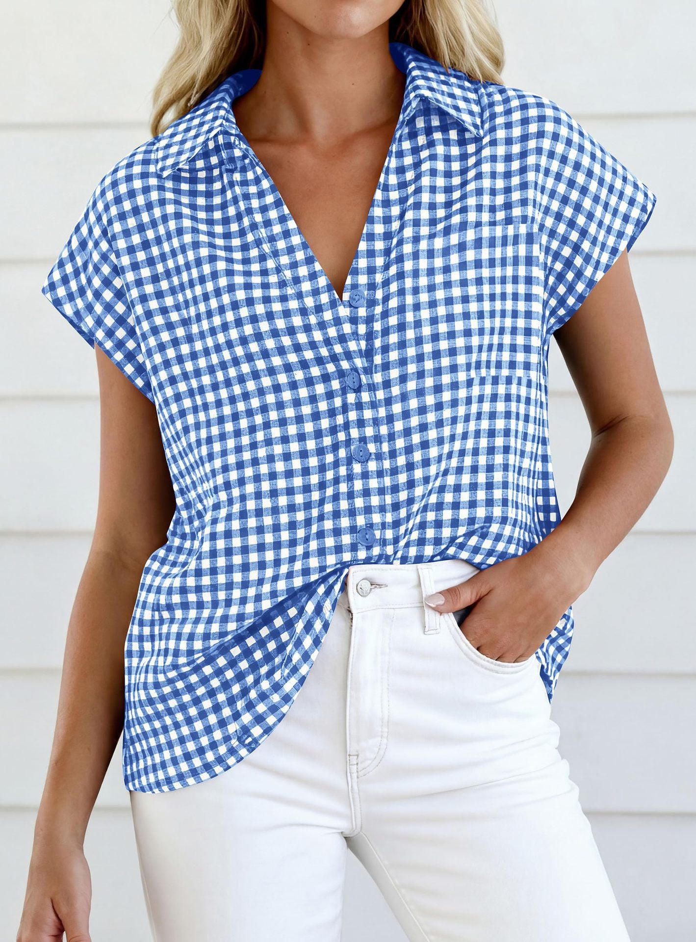 Women Gingham Button Down Summer Top Loose Fit Blouse