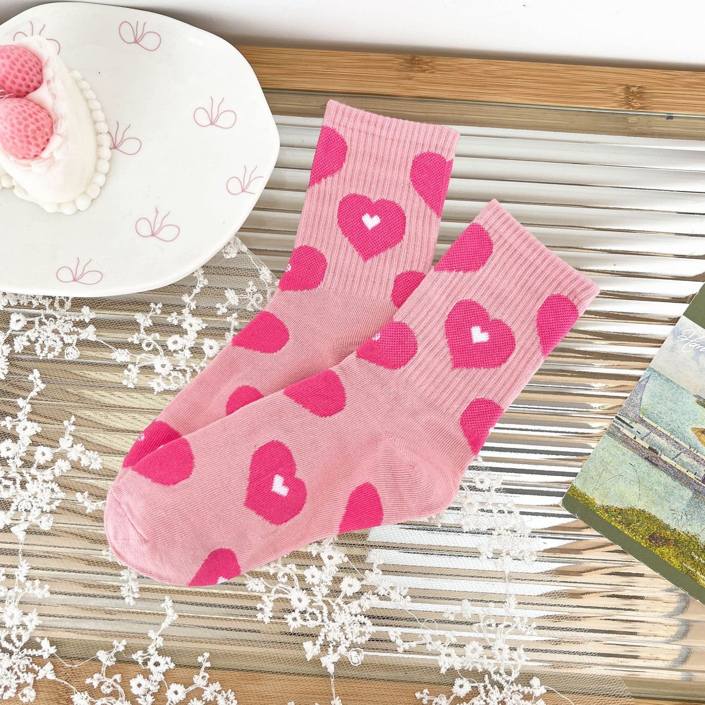 Heart Pattern Crew Socks Cute Preppy Style