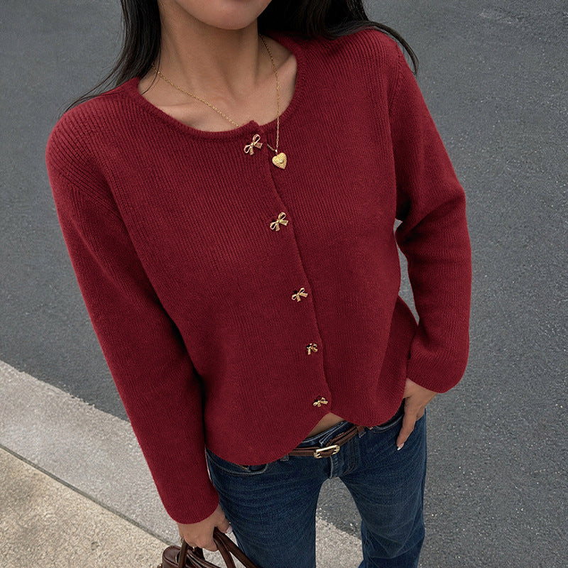 Women's Oversized Crew Neck Gold Button Cardigan Sweater