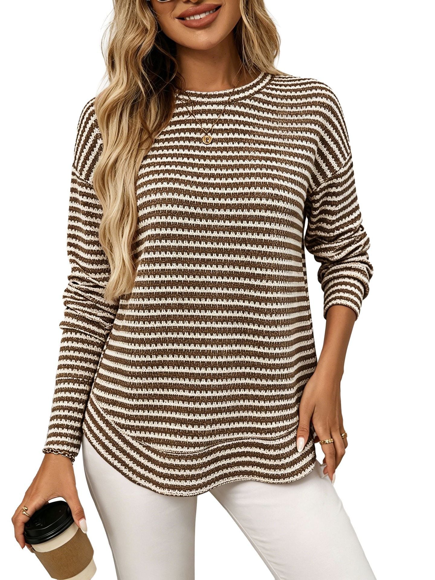 Waffle Knit Striped Long Sleeve Top Relaxed Fit Casual Style