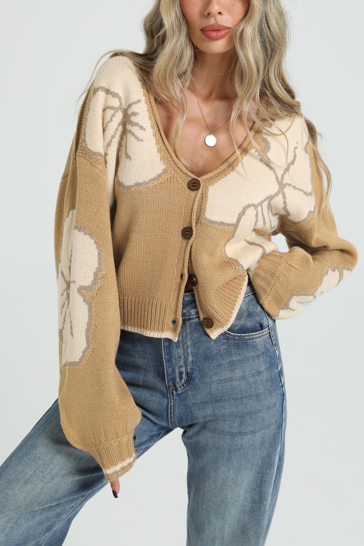 Women's Colorblock Floral Button V-Neck Cardigan Sweater