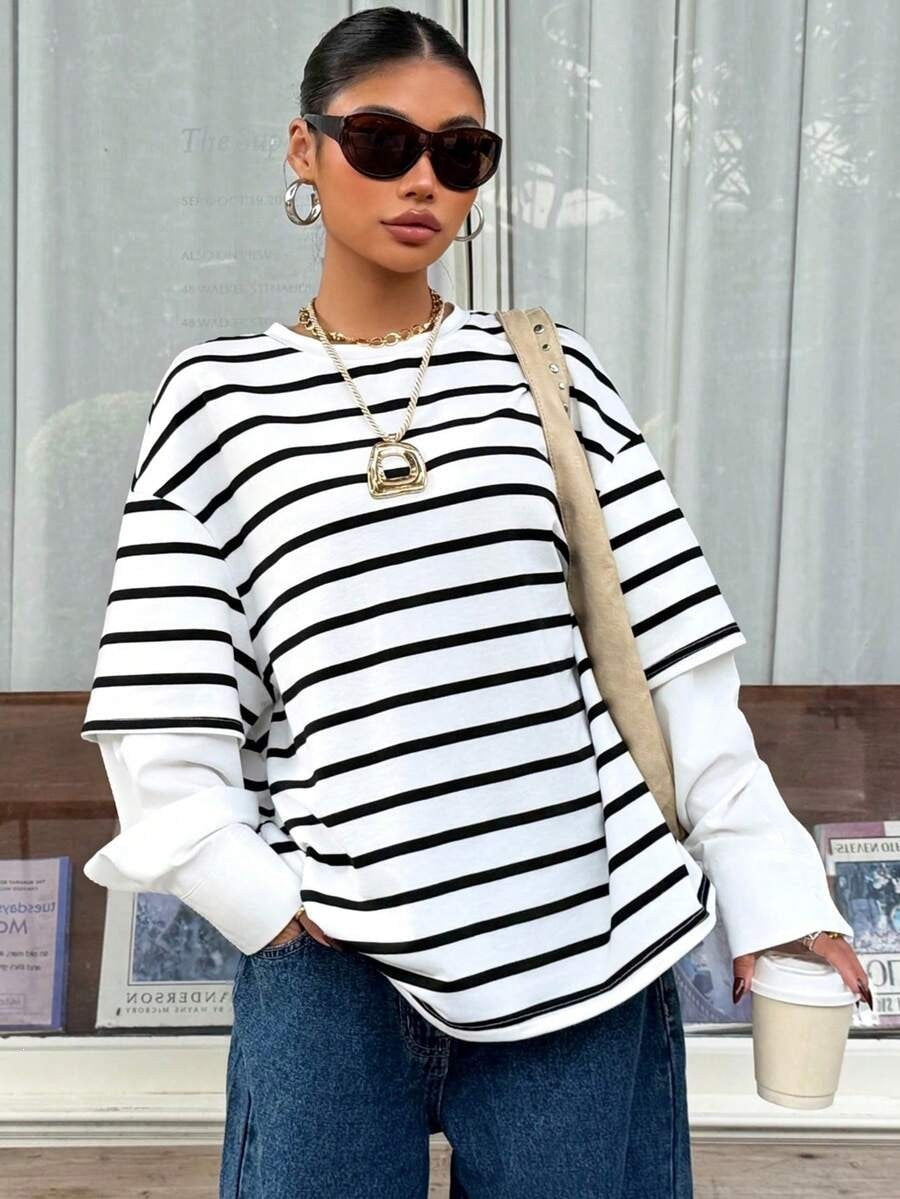 Striped Layered Look Long Sleeve Top Relaxed Fit Casual Tee