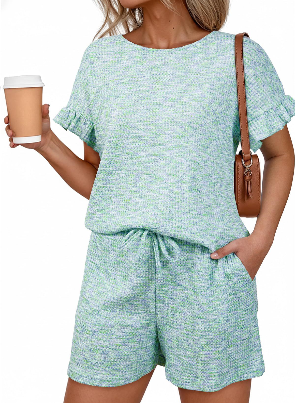 Textured Knit Lounge Set Ruffle Sleeve Drawstring Shorts