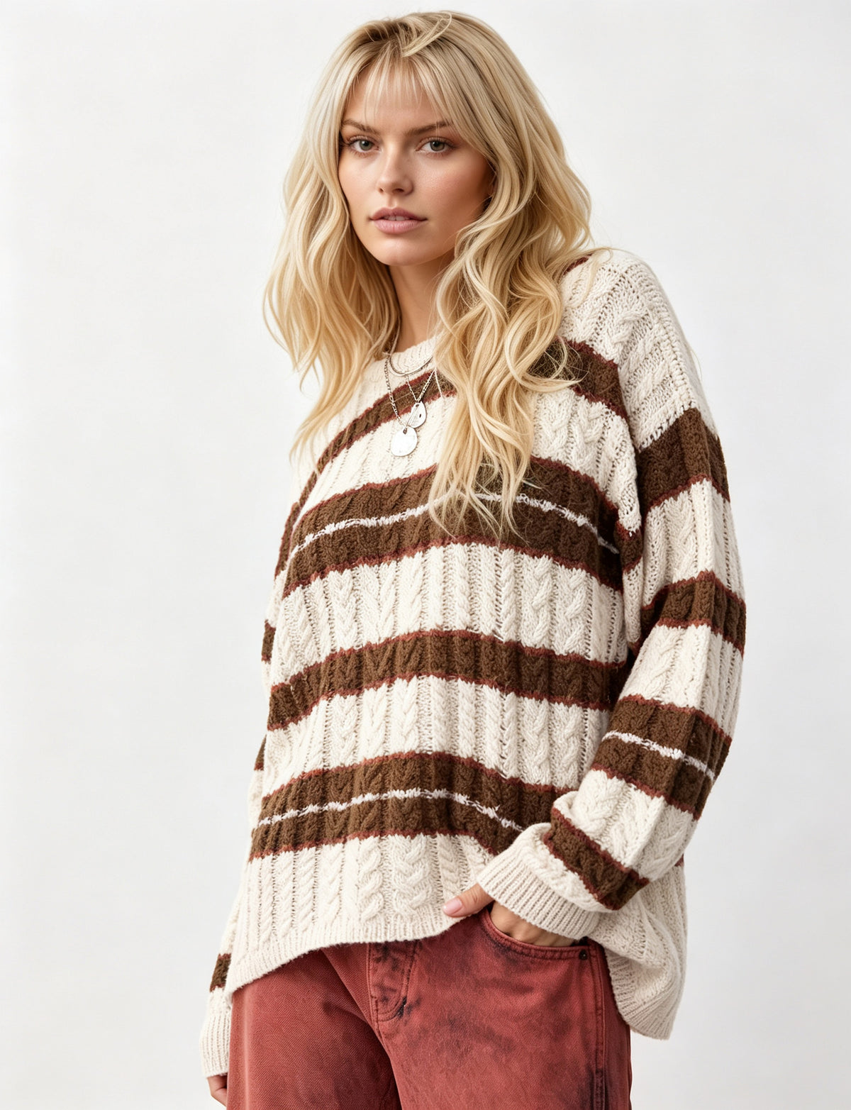 Women's Oversized Striped Cable Knit Pullover Sweater