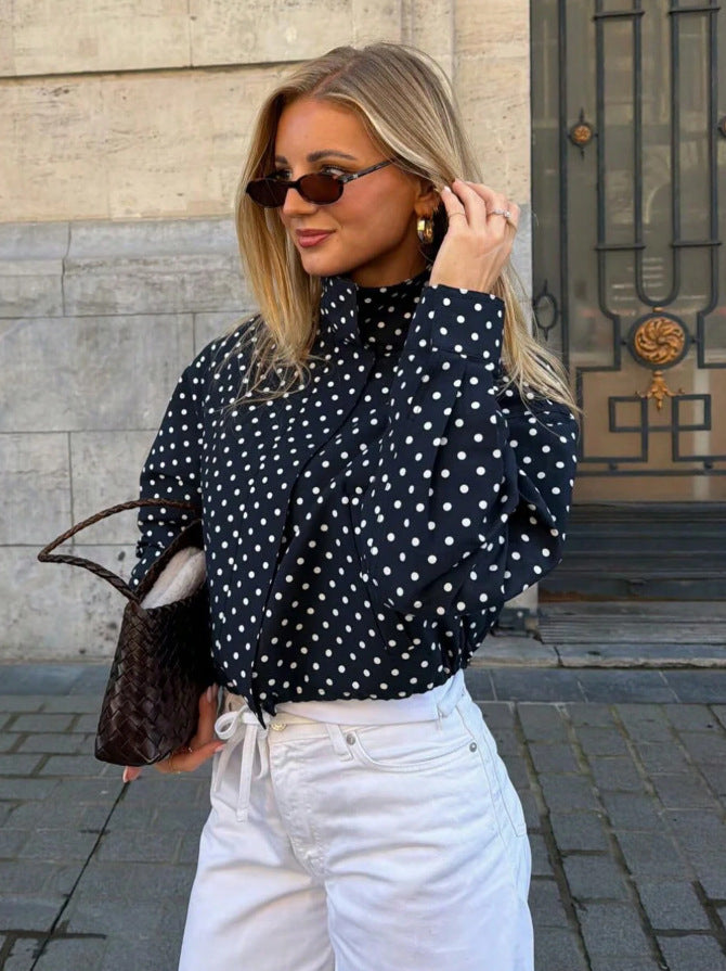 Polka Dot Woven Jacket Trendy Zip Up Stand Collar