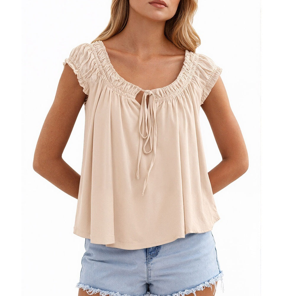 Solid Crinkle Blouse Casual Tie Neck Flutter Sleeve