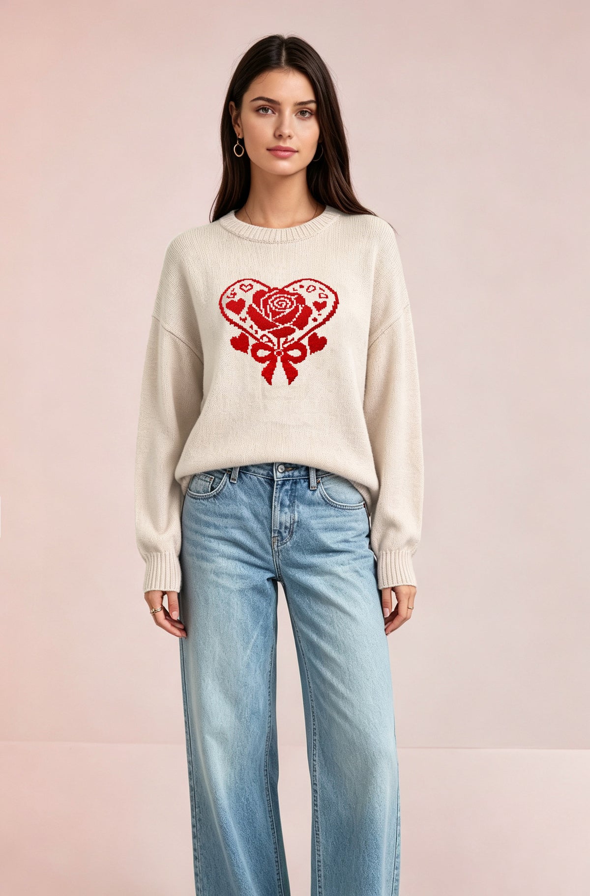 Women's Heart Graphic Crewneck Knit Pullover Sweater