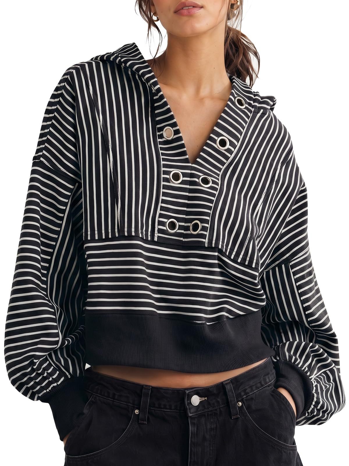 Women's Oversized Striped Cropped Hoodie V Neck Long Sleeve