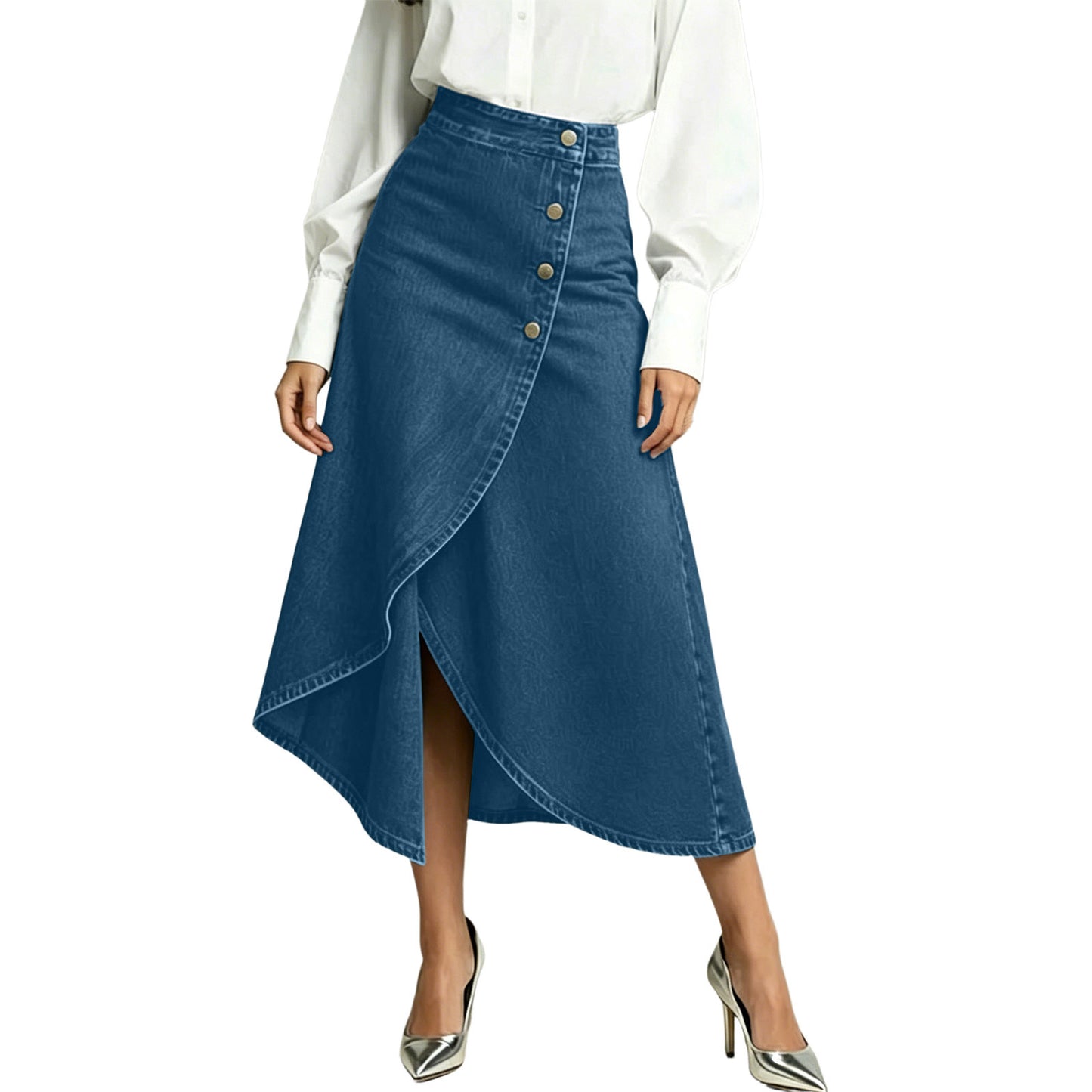 Washed Denim High Waist Asymmetrical Button Midi Skirt