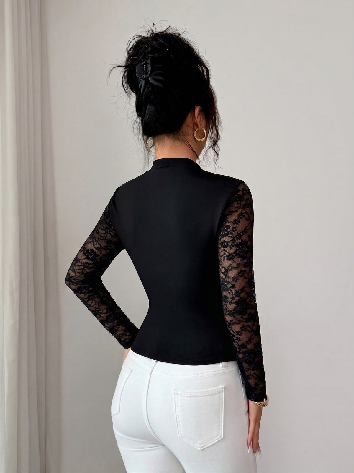 Sexy Mock Neck Lace Cutout Top Sheer Long Sleeve