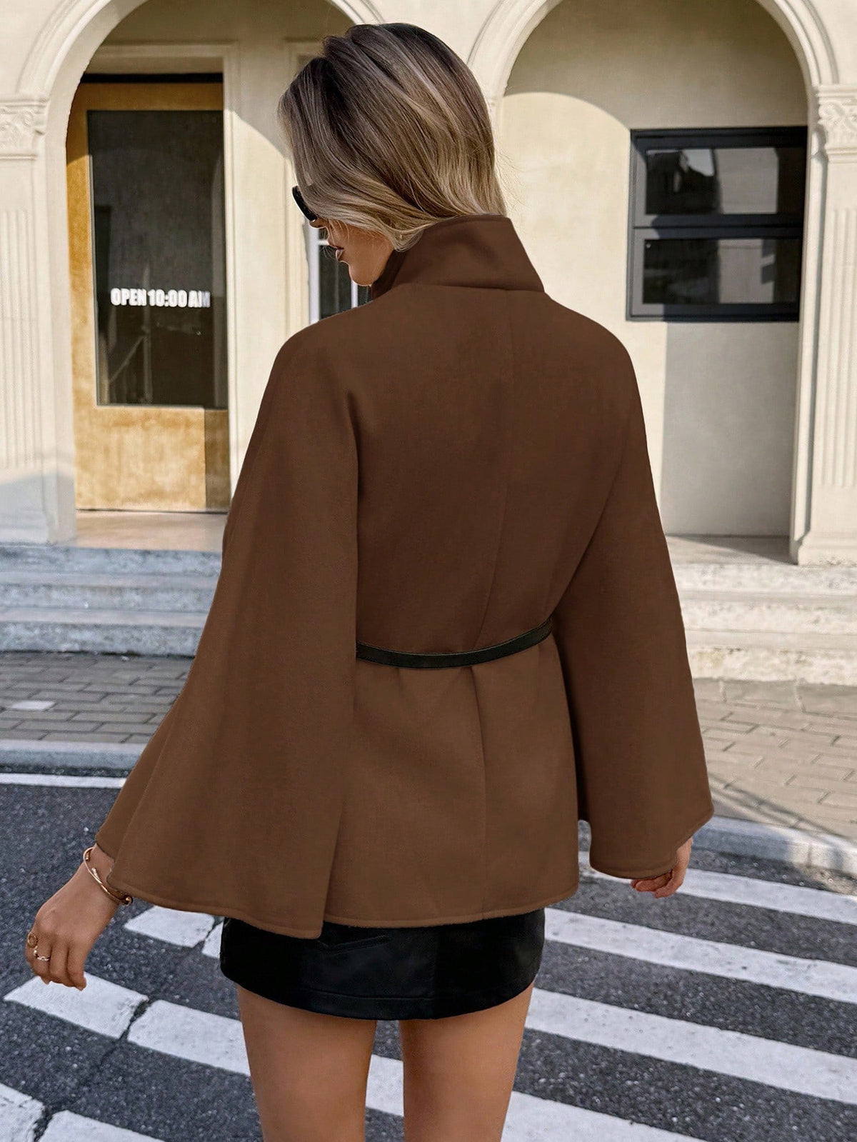 Womens Belted Stand Collar Cape Coat Batwing Sleeve