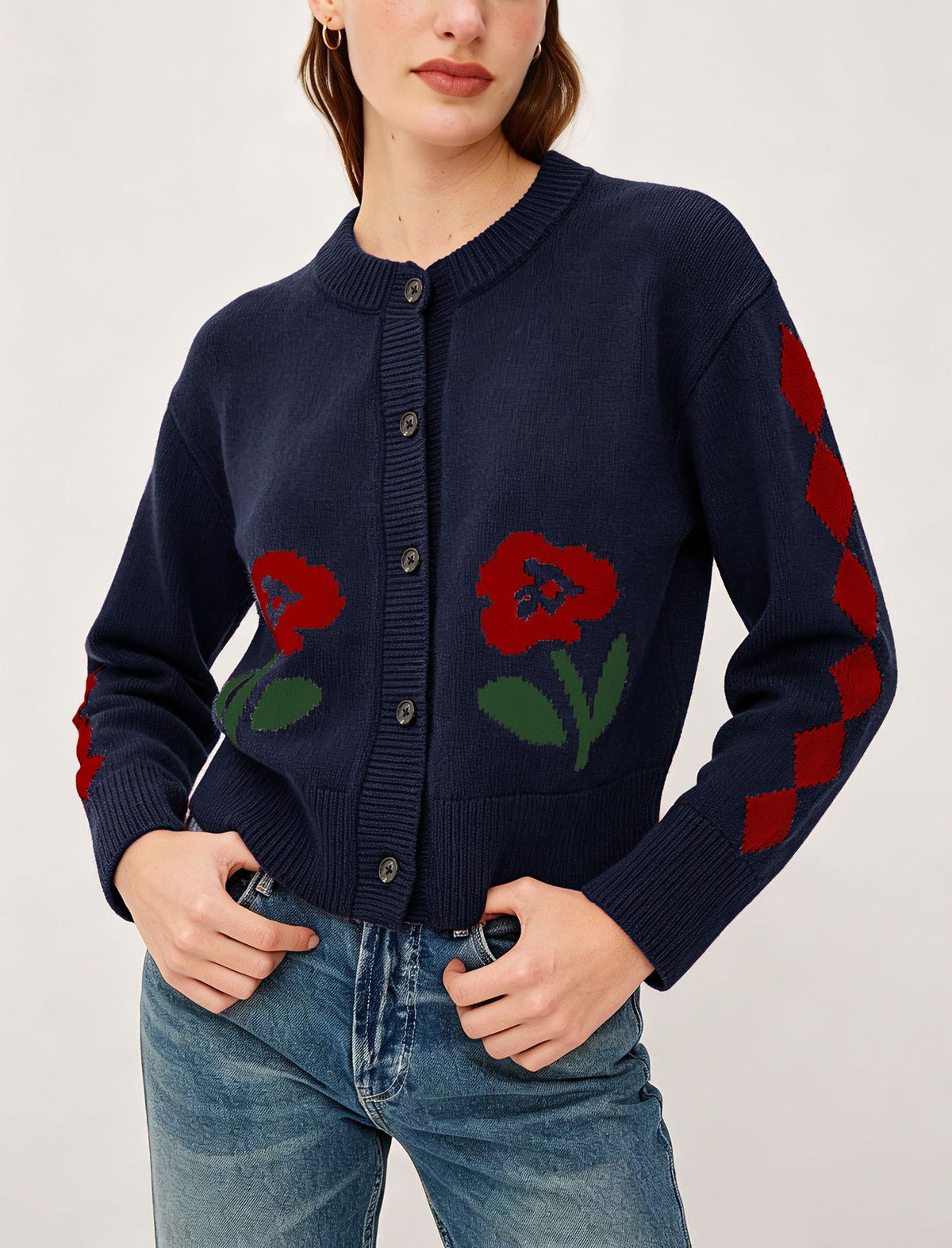 Women's Vintage Floral Cropped Knit Cardigan Button Up