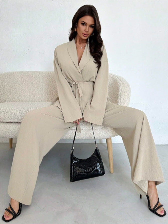 Two Piece Pants Set Wide Leg Belted Blazer Outfit