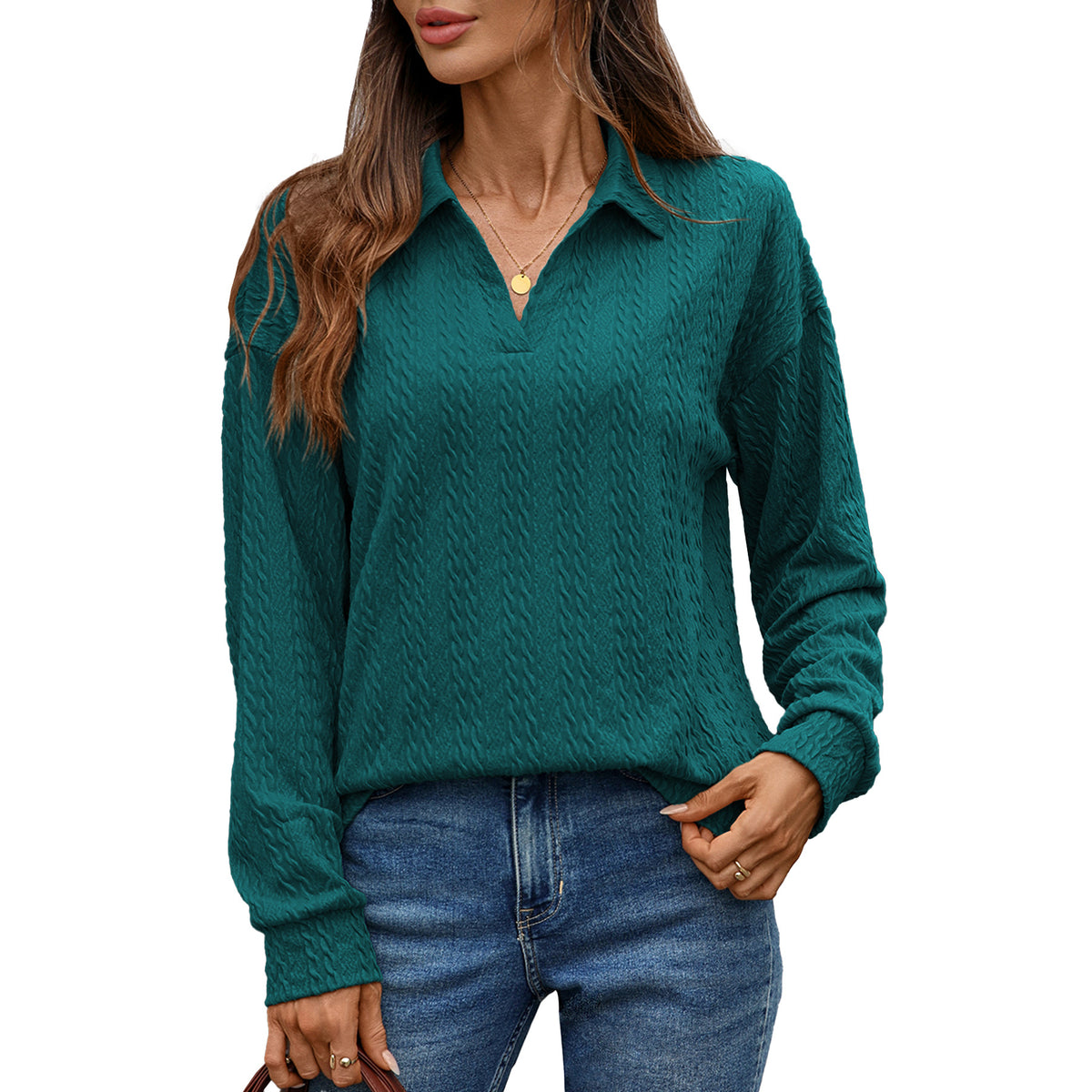 Women's Collared Long Sleeve Solid Pullover Top