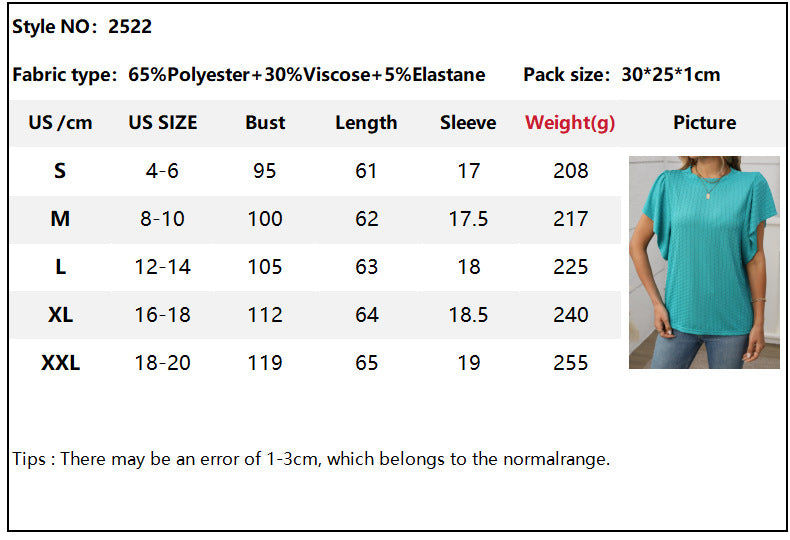 Women's Solid Color Round Neck Ruffle Sleeve Short Sleeve T-Shirt Top