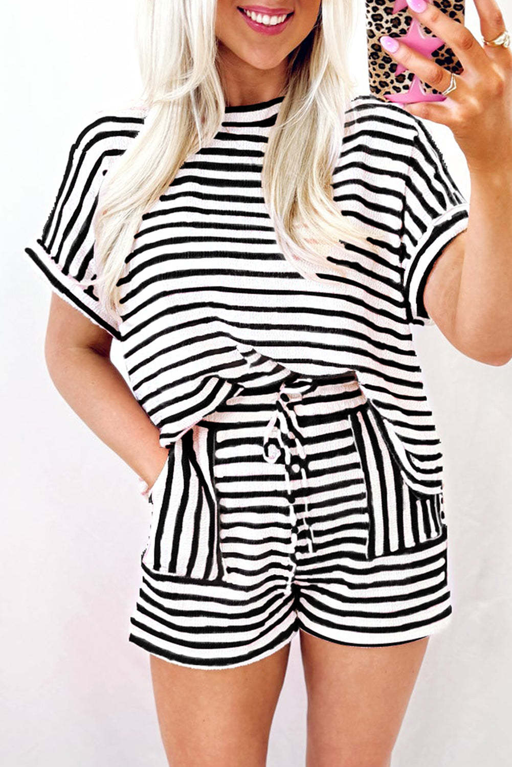Womens Striped Lounge Set Short Sleeve Top Shorts