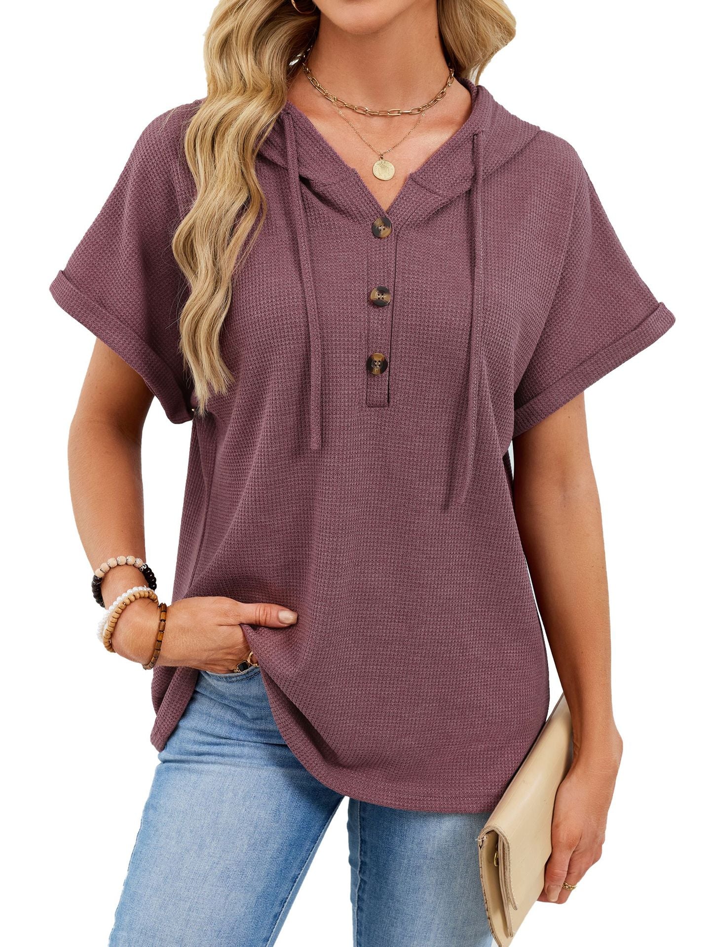 Waffle Knit Short Sleeve Hoodie Henley Button Top