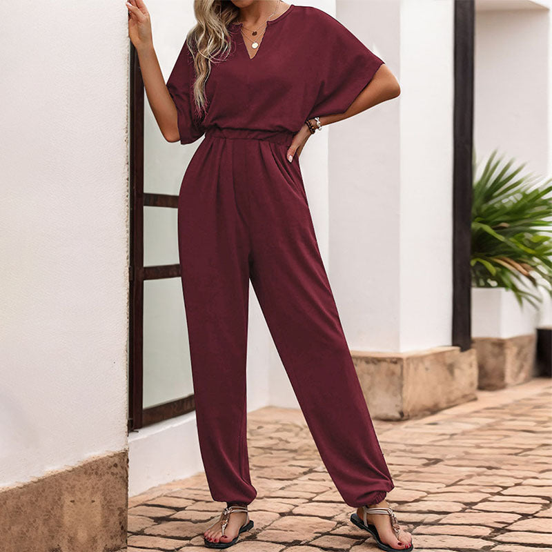 Women's Deep V Neck Short Sleeve Jumpsuits Long Pant Romper
