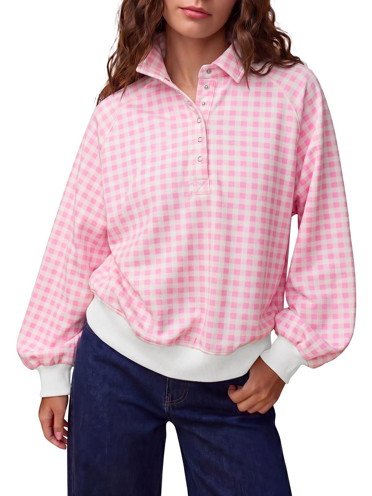 Women's Gingham Polo Oversized Pullover Sweatshirt