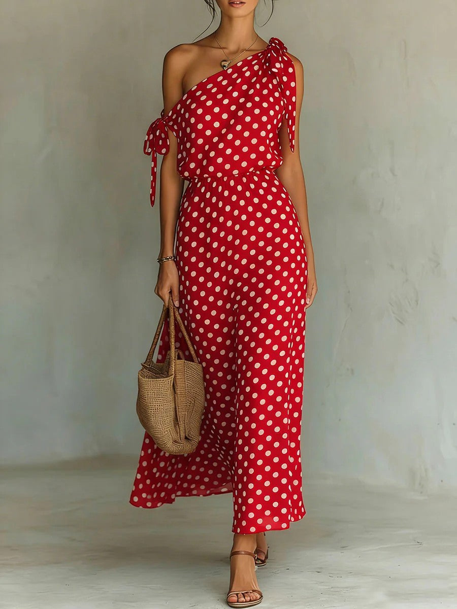 Polka Dot One-Shoulder Maxi Dress with Tie Straps