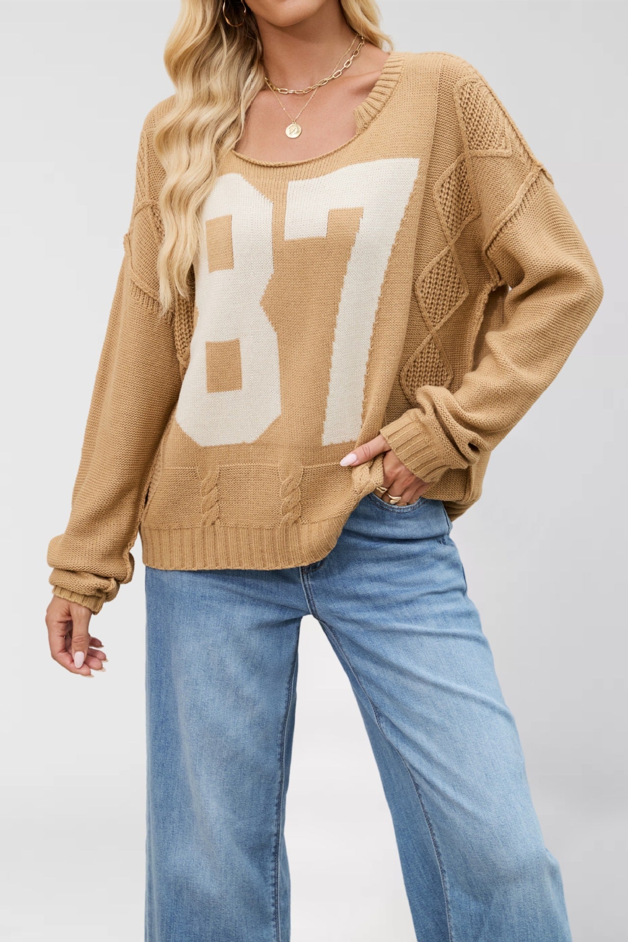 Casual Colorblock Knit Sweater with Number Print