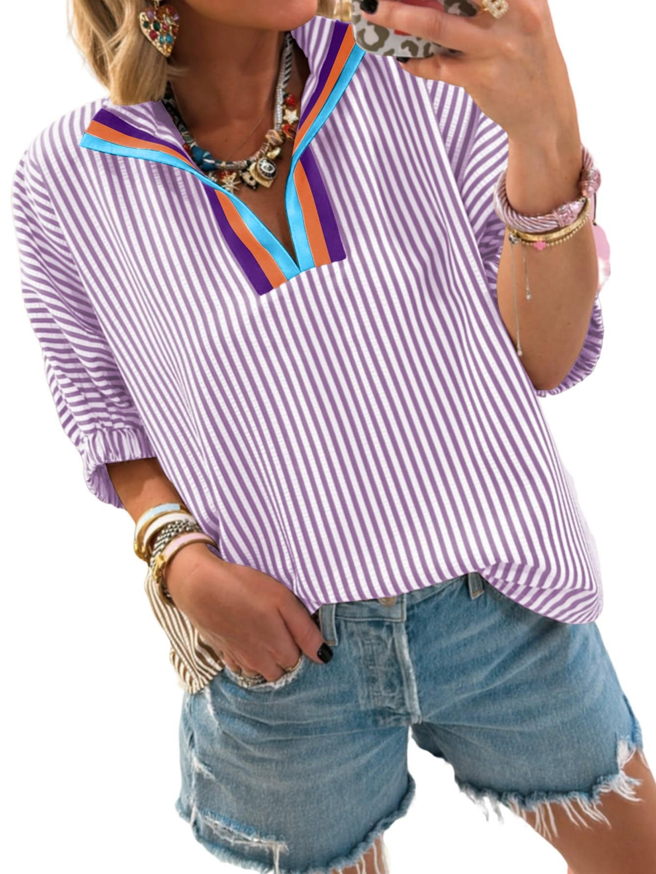 Striped V-Neck Colorblock Blouse Puff Sleeve Casual Top