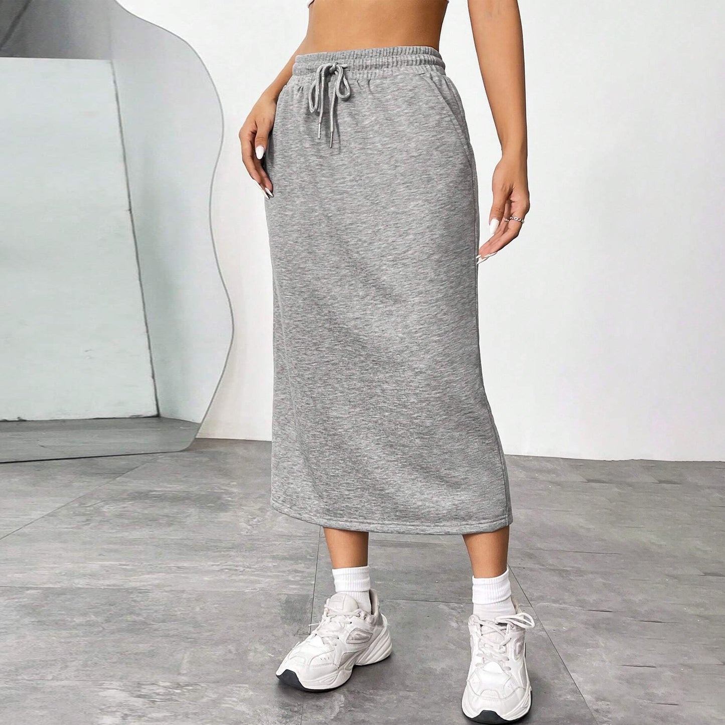 Solid Cotton Blend Skirt Casual Midi Drawstring Pocket