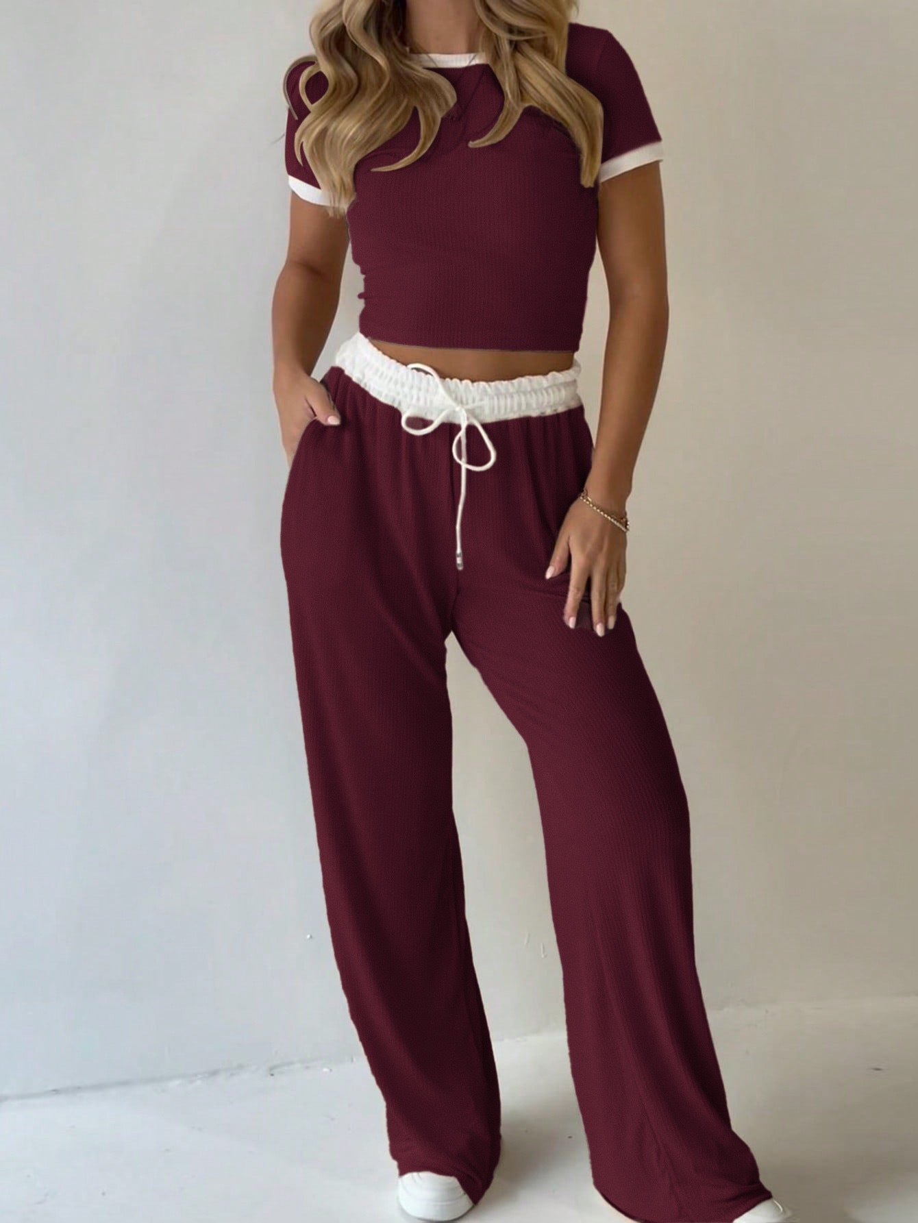 Women’s Wide Leg Pants Set Short Sleeve Casual Two Piece
