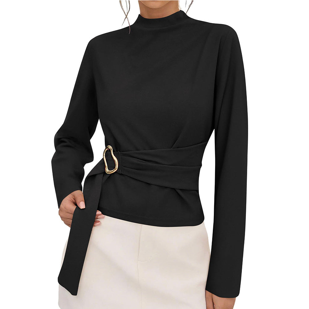 Solid Ponte Top Mock Neck Blouse Belted Slim Fit Elegant