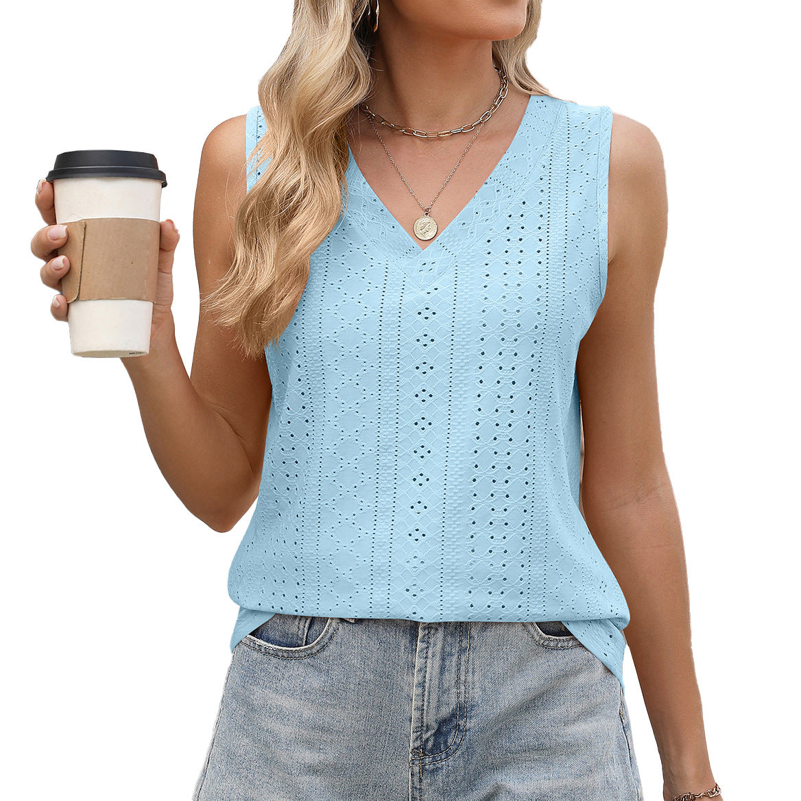 Eyelet V-Neck Sleeveless Cotton Tank Top for Women