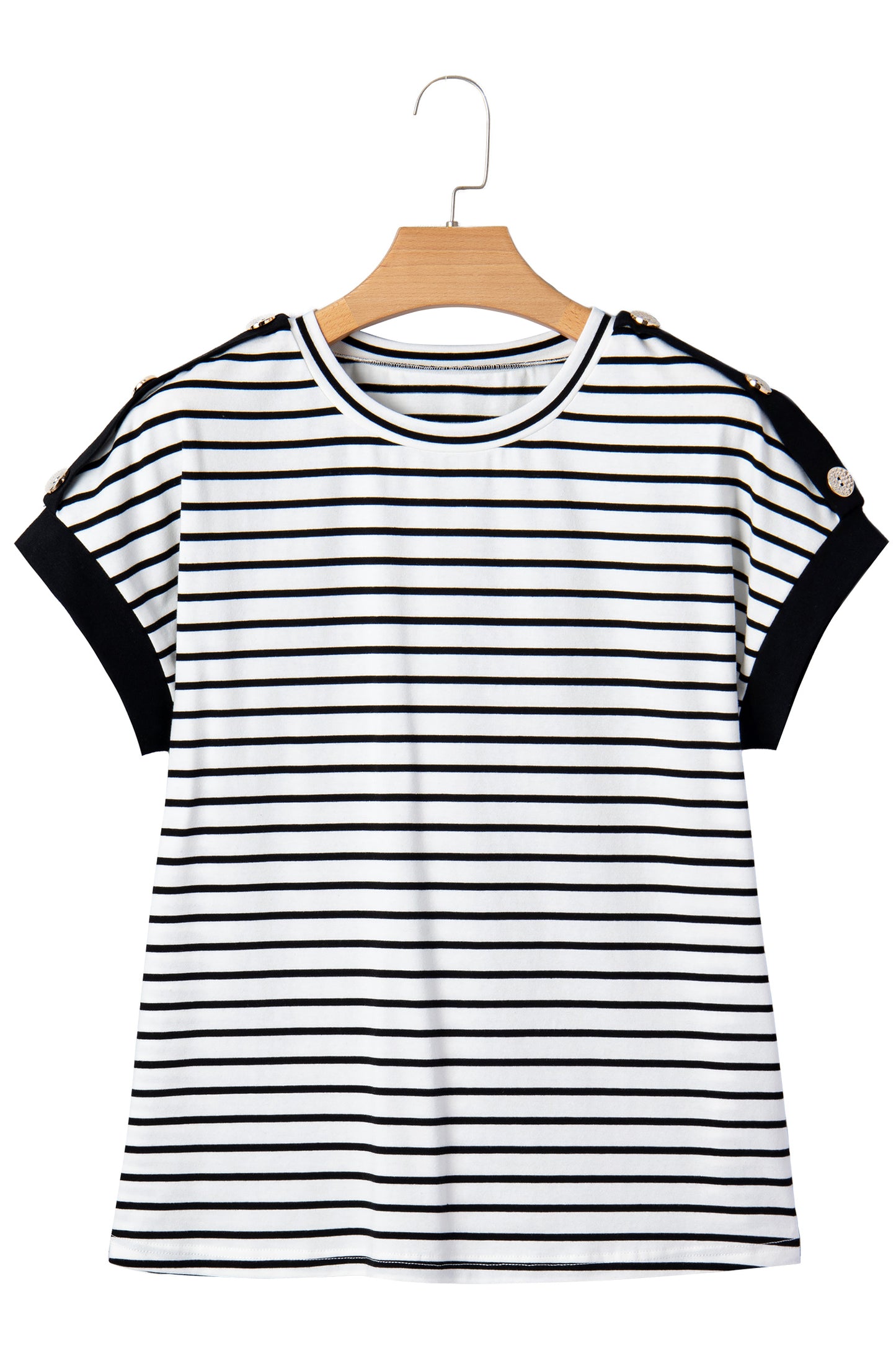 Black Stripe Cuffed Sleeve Button Detail Loose Tee