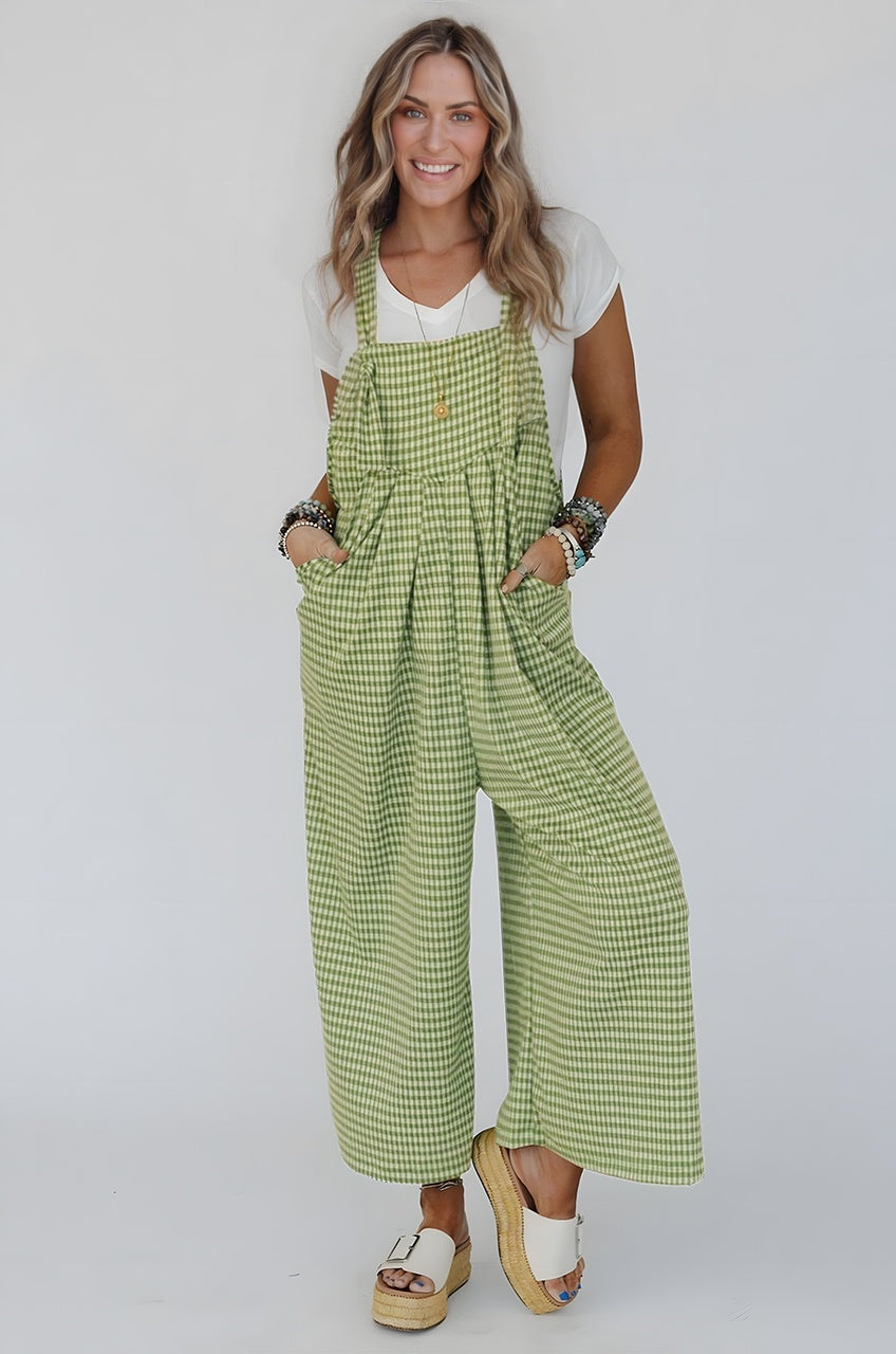 Green Gingham Wide Leg Loose Overall with Pockets