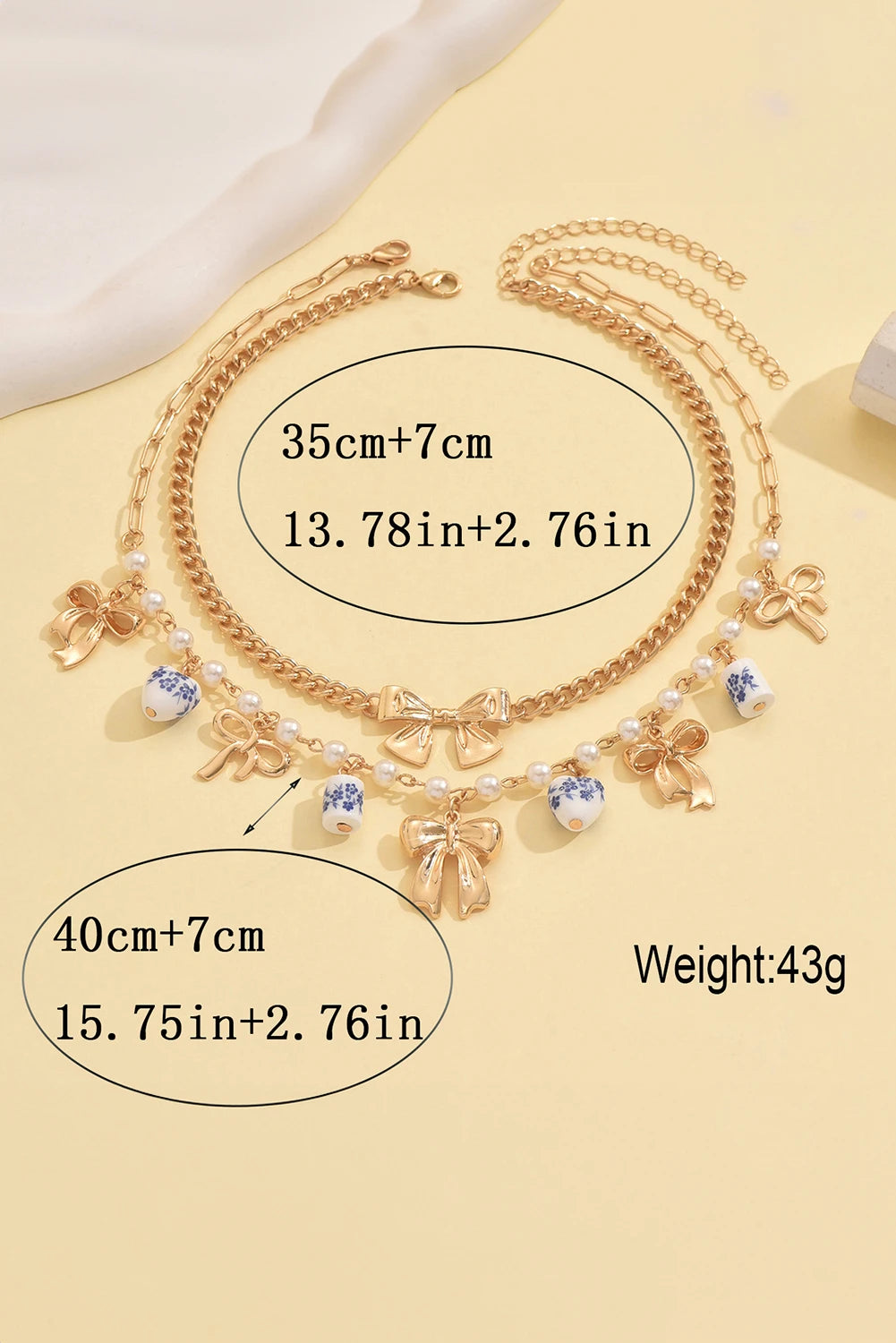 Gold Plated Bow Chain Porcelain Pearls Embellished 2pcs Necklace Set