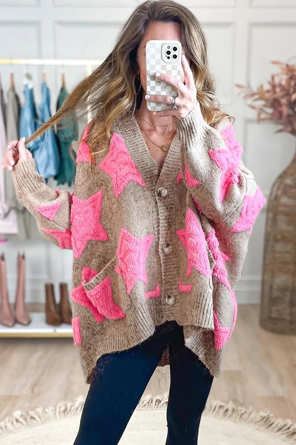Star Pattern Textured Sweater Cardigan with Pockets