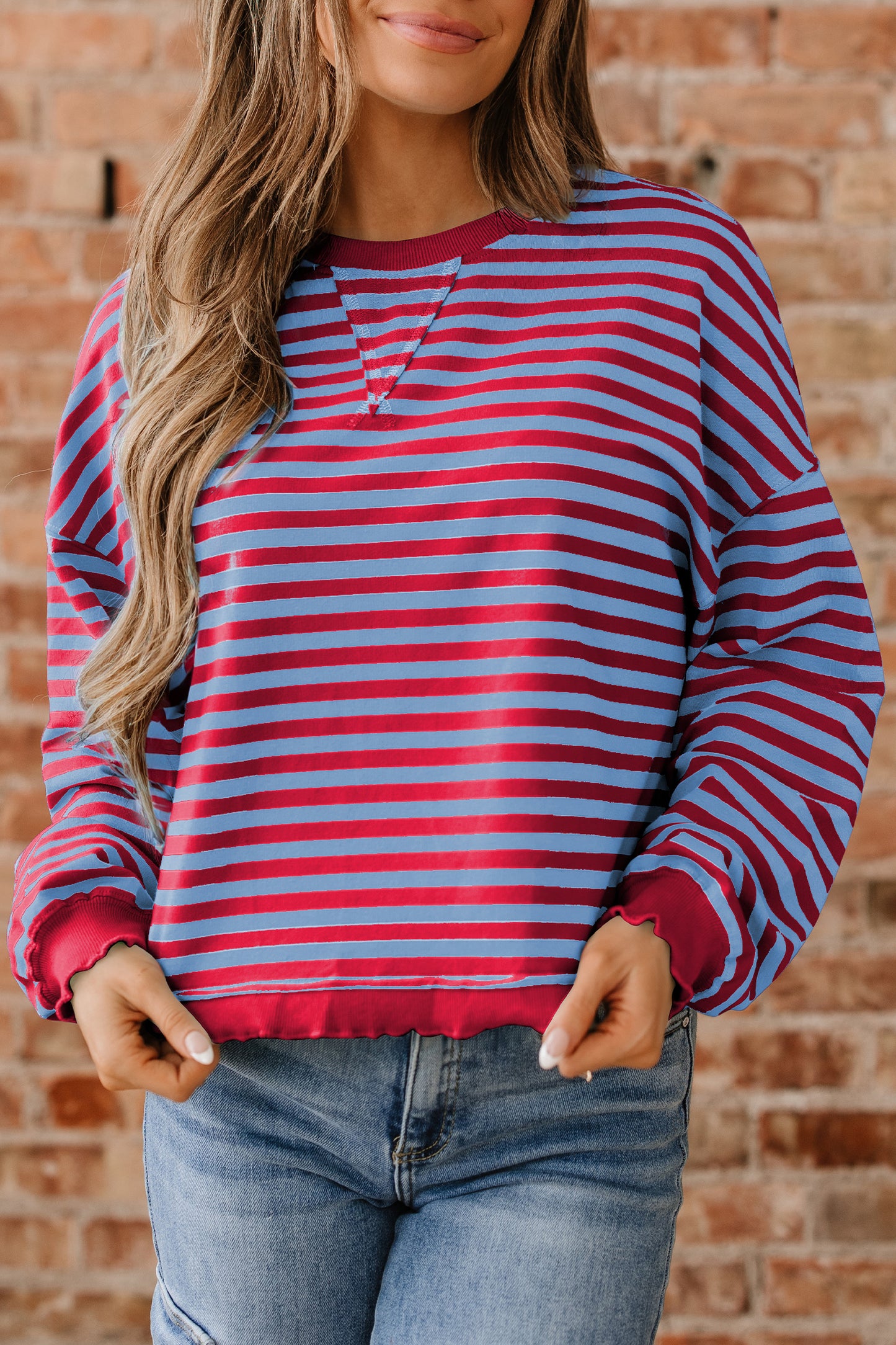 Green Stripe Exposed Seam Contrast Ribbed Trim Oversize Sweatshirt