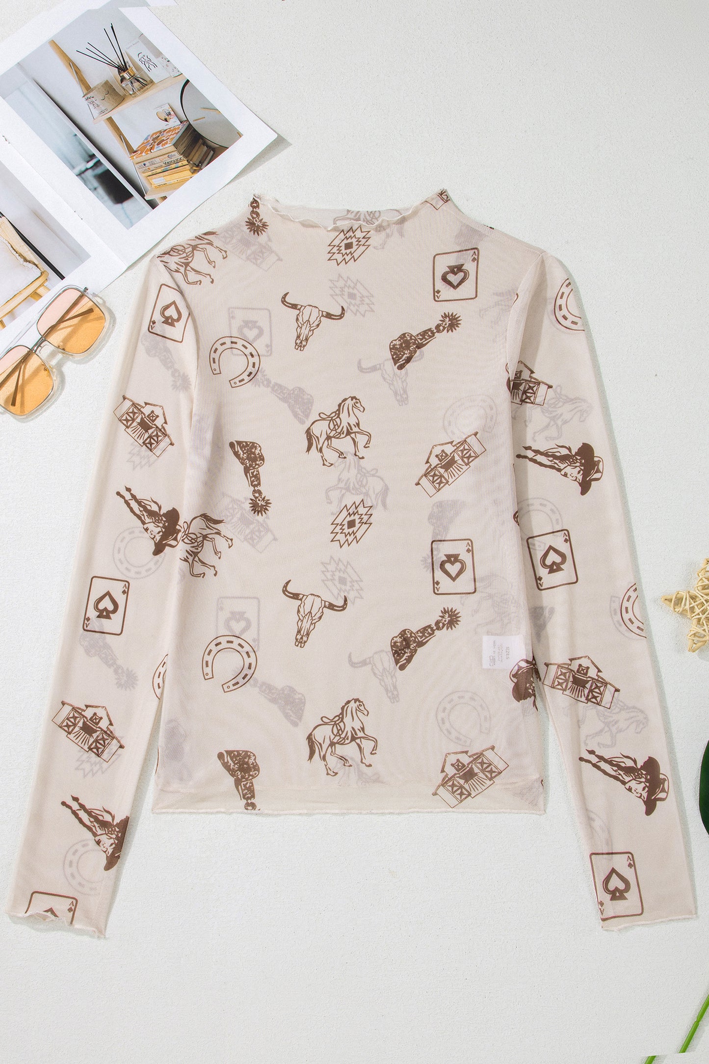 Pink Slim Fit Floral Mesh Long Sleeve Mock Neck Top