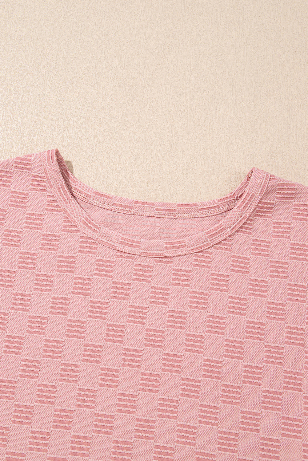 Apricot Pink Checkered Textured Round Neck T-shirt