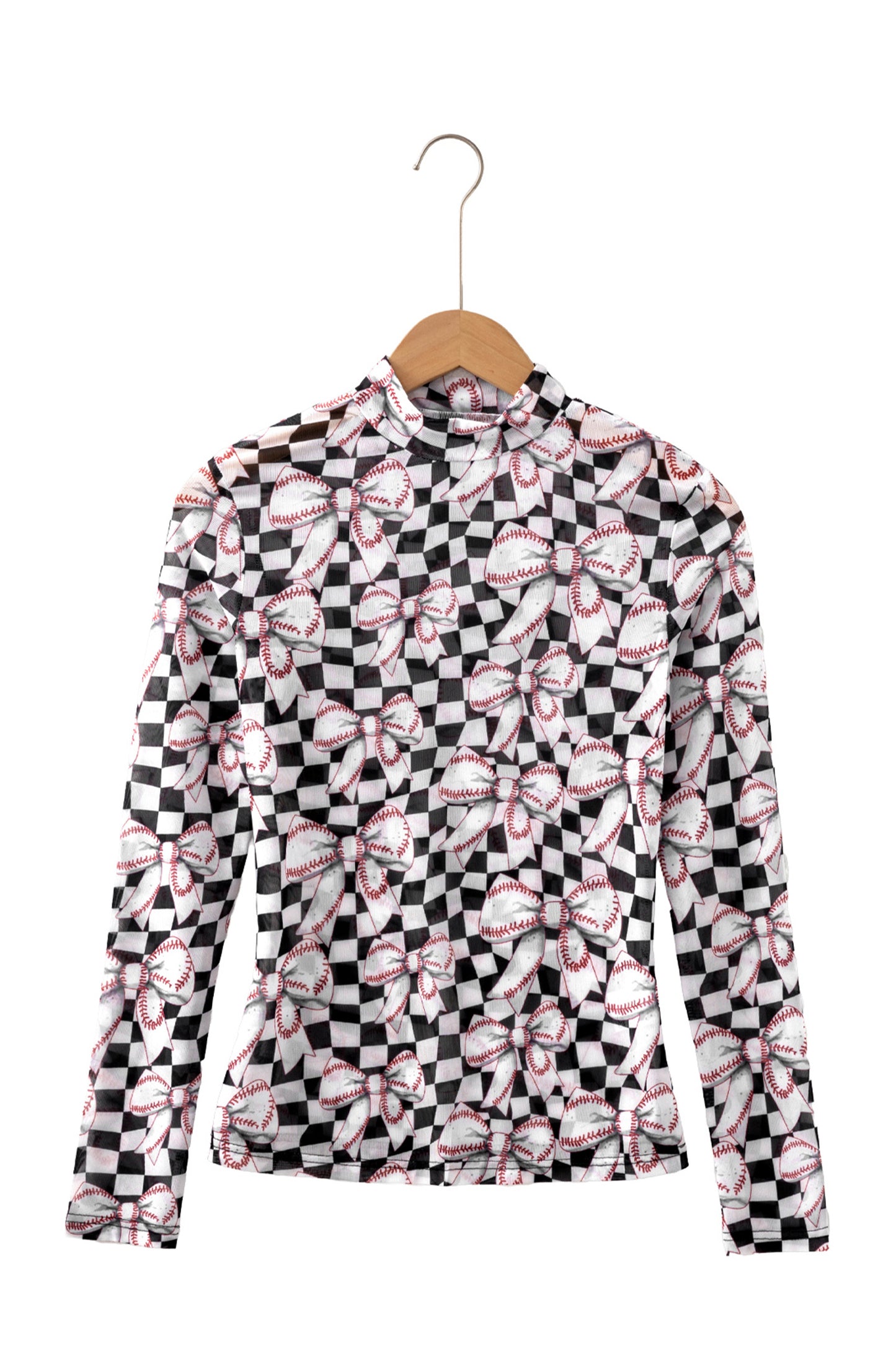 Black High Neck Plaid Baseball Bow Long Sleeve Mesh Top