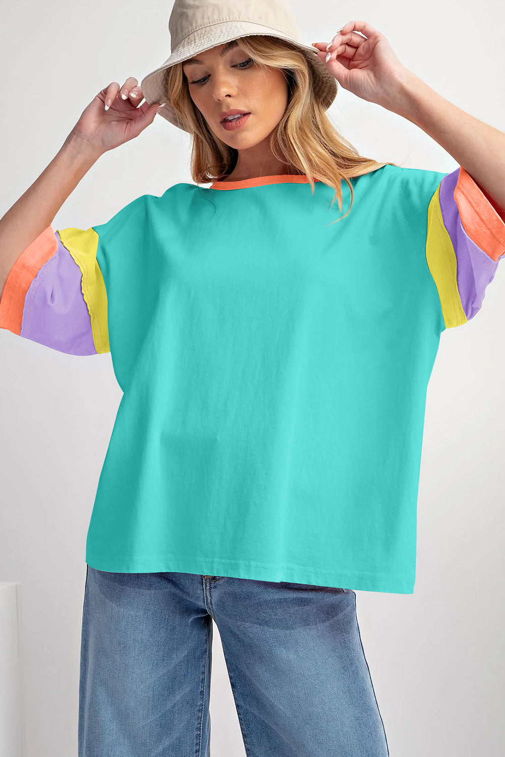 Pink Color Block Stitching Sleeve Round Neck Oversize Top