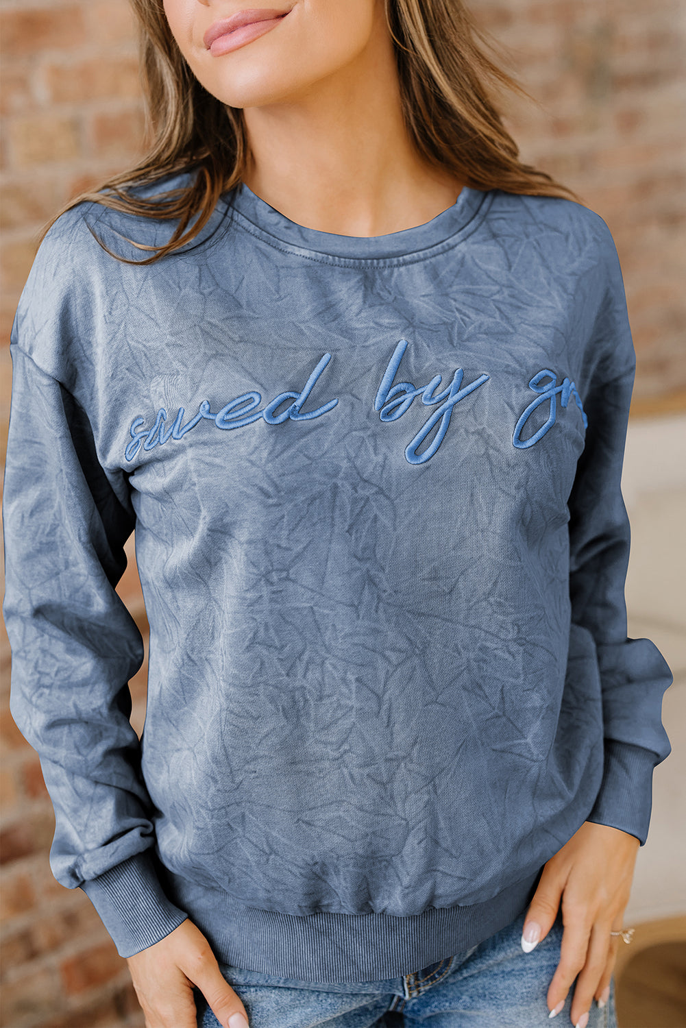 Saved by grace Letter Embroidery Mineral Wash Loose Sweatshirt